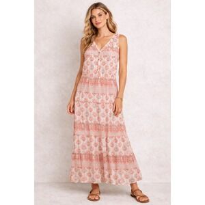 ROXY Boho Floral Sleeveless Maxi Dress Tiered V-Neck Summer Vacation Beach Sz M